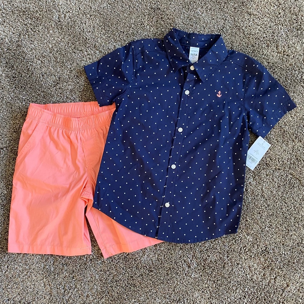 NWT Carter’s 2 Piece Outfit Shorts & Button Up Shirt Navy & Neon Orange Size 5t